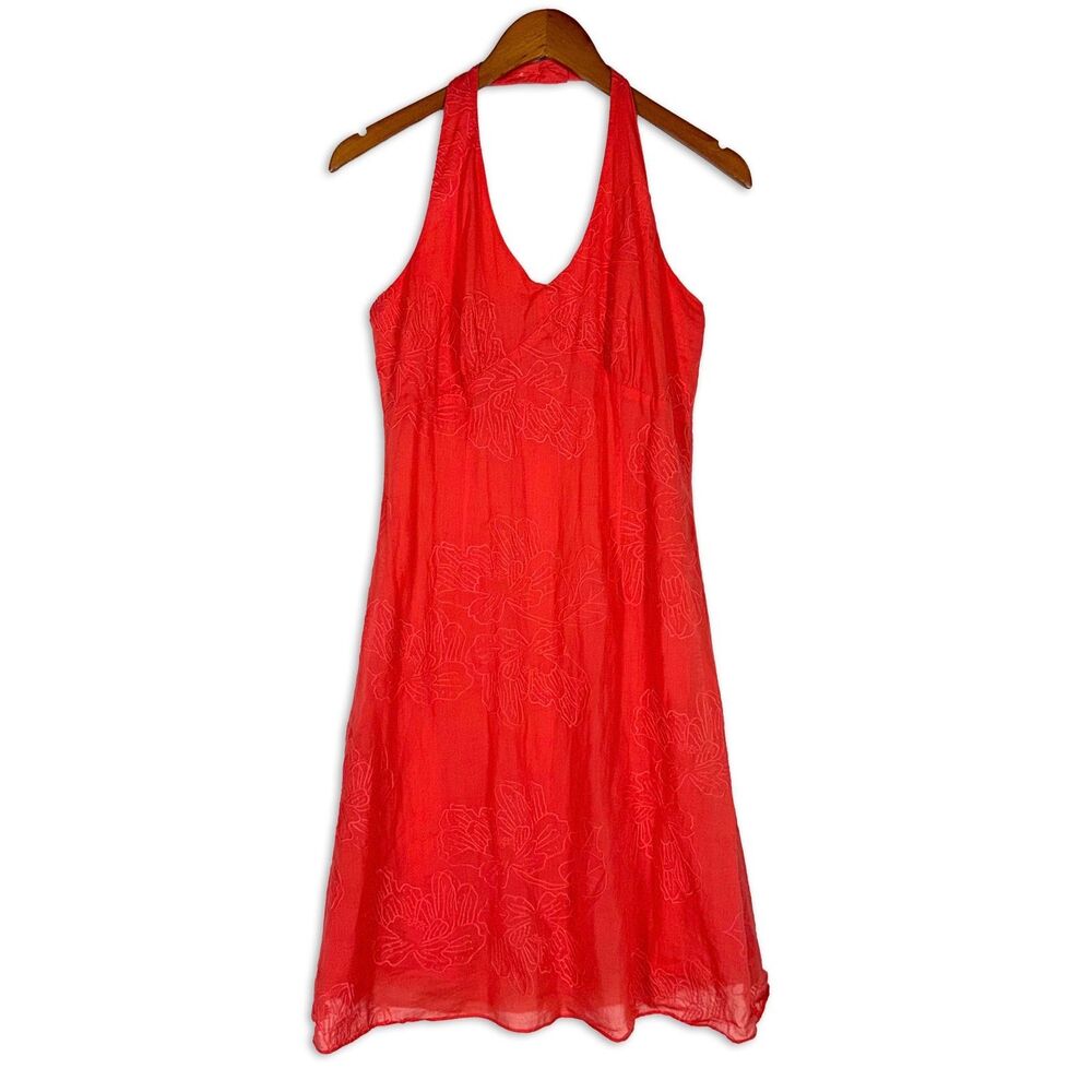 Ann Taylor Coral Red Halter Dress Floral Embroidered Midi Fit Flare 6 Y2K